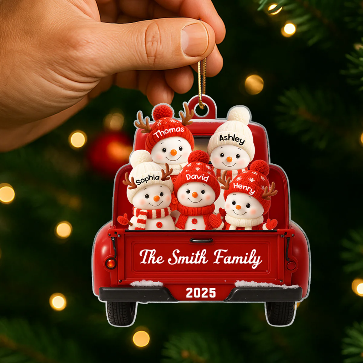 Family Snowman on Christmas Truck Personalized Acrylic Ornament, Red Truck Christmas Gift for Family - Image 4