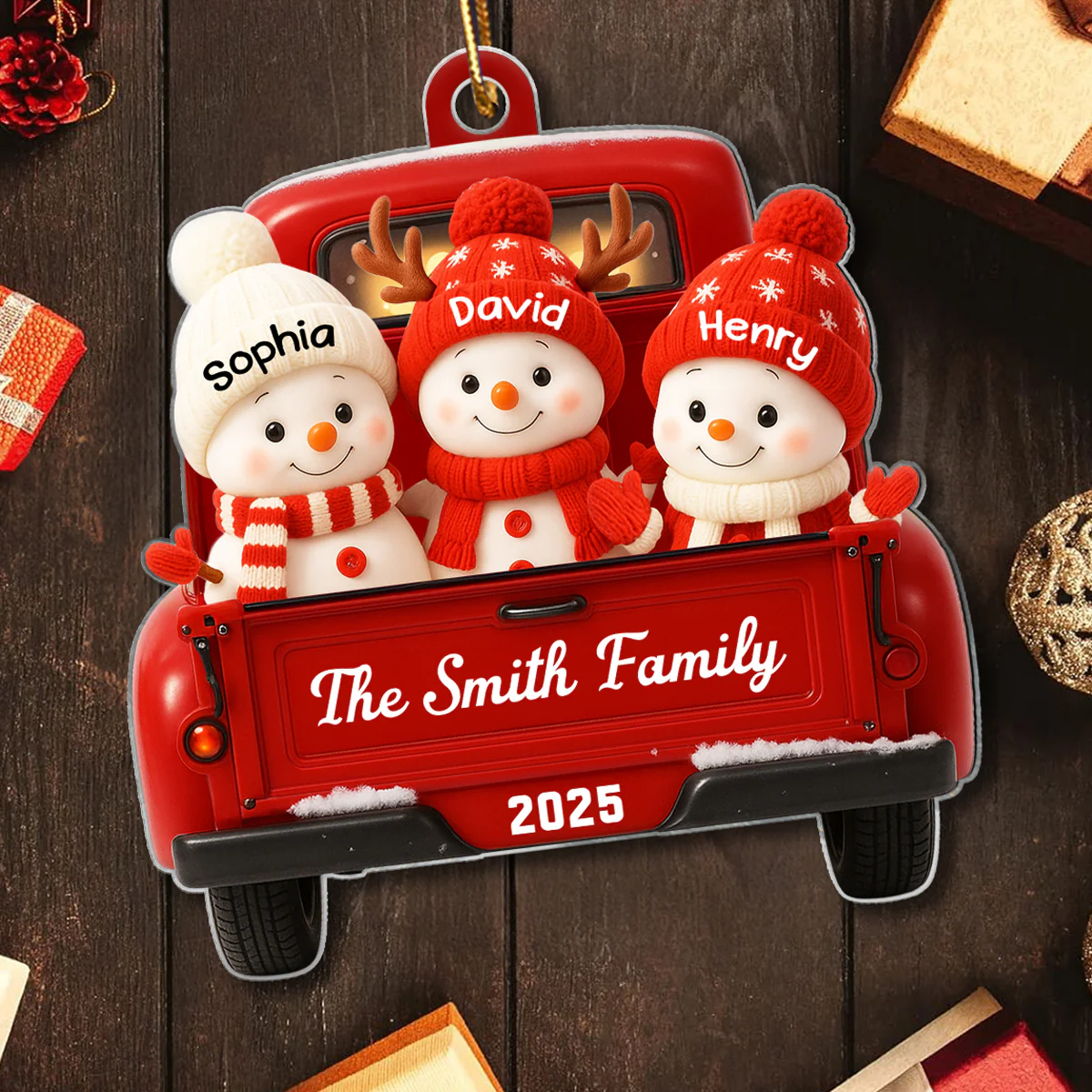 Family Snowman on Christmas Truck Personalized Acrylic Ornament, Red Truck Christmas Gift for Family - Image 6