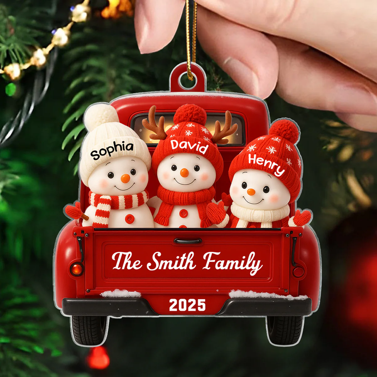 Family Snowman on Christmas Truck Personalized Acrylic Ornament, Red Truck Christmas Gift for Family - Image 7