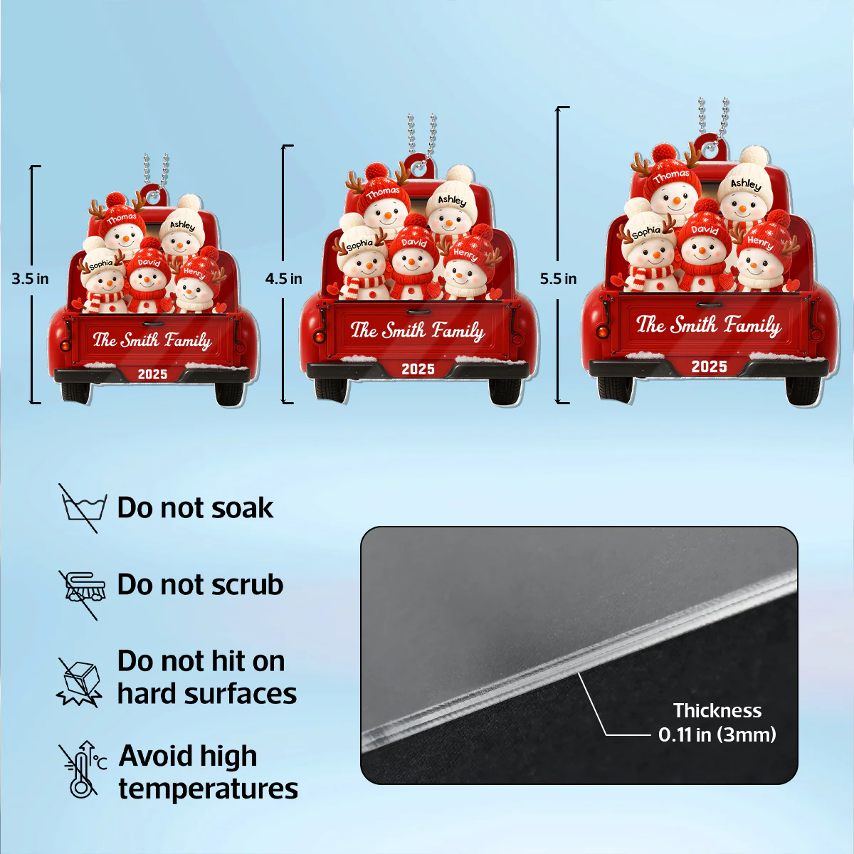 Family Snowman on Christmas Truck Personalized Acrylic Ornament, Red Truck Christmas Gift for Family - Image 9