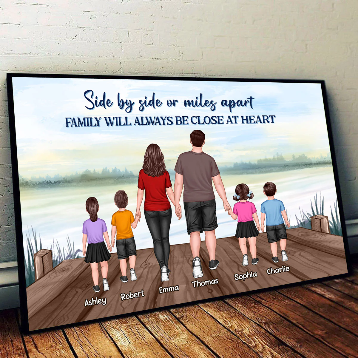 Family Standing Back View Lake Personalized Horizontal Poster - Image 2