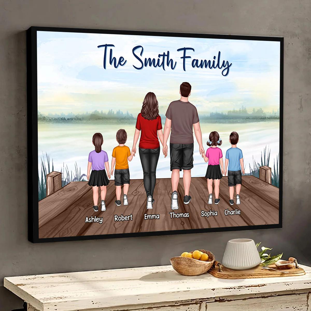 Family Standing Back View Lake Personalized Horizontal Poster - Image 3