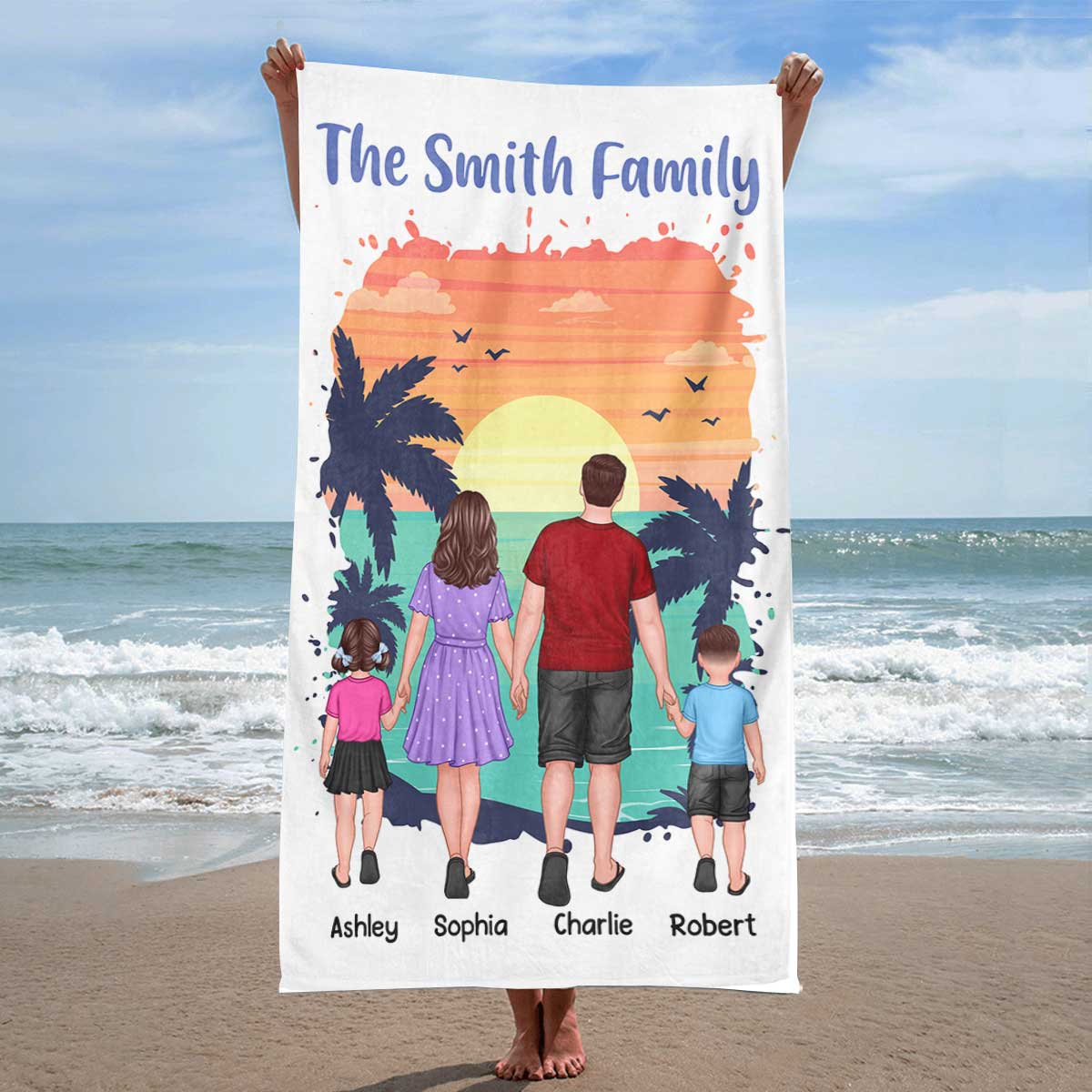 Family Standing Back View Summber Personalized Beach Towel - Image 3