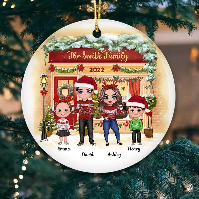 Family Standing On Front Porch Christmas Personalized Circle Ornament - Image 2