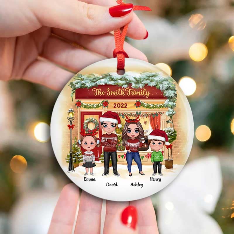 Family Standing On Front Porch Christmas Personalized Circle Ornament - Image 3