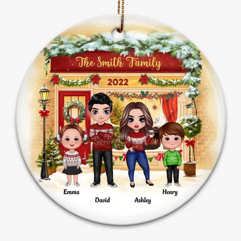 Family Standing On Front Porch Christmas Personalized Circle Ornament - Image 4