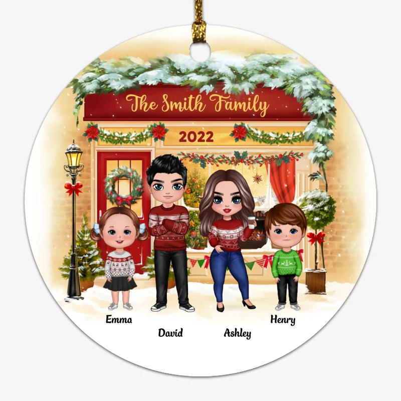 Family Standing On Front Porch Christmas Personalized Circle Ornament - Image 5