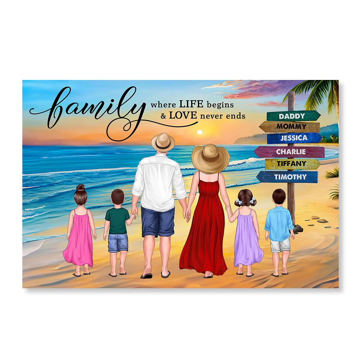 Family Summer Standing Back View Beach Sign Personalized Horizontal Poster
