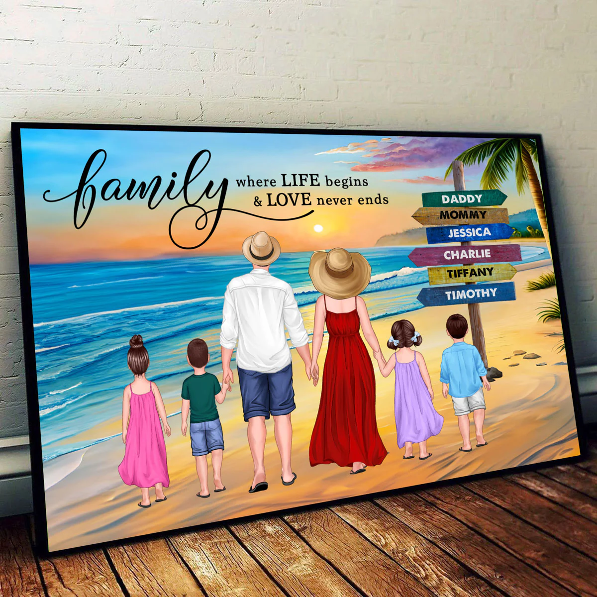 Family Summer Standing Back View Beach Sign Personalized Horizontal Poster - Image 2