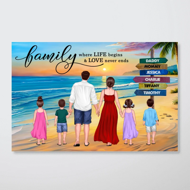 Family Summer Standing Back View Beach Sign Personalized Horizontal Poster - Image 4