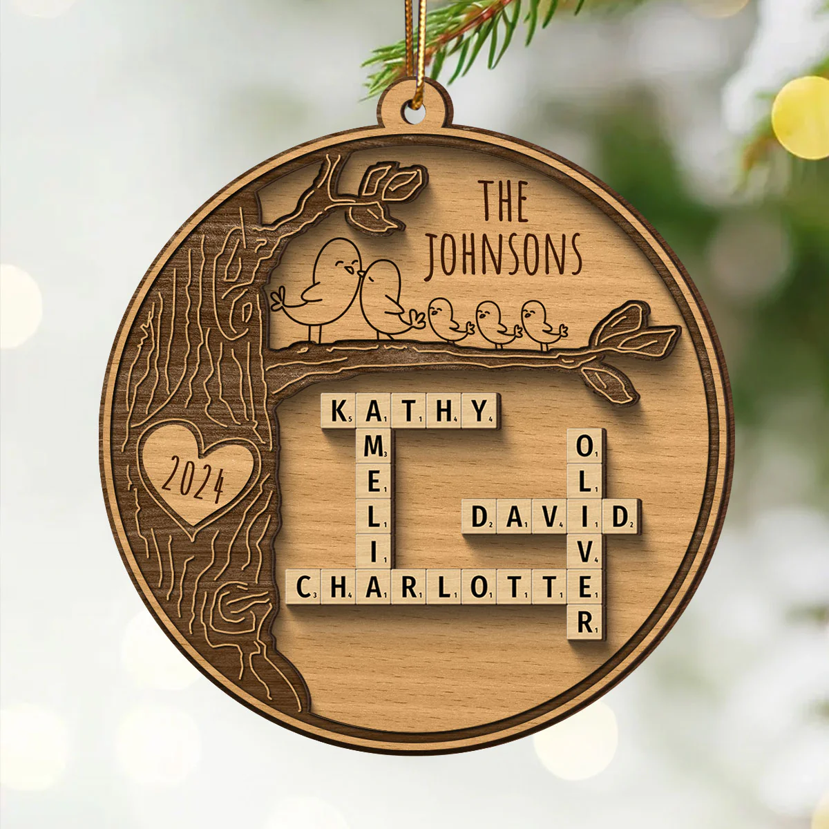Family Tree Crossword Puzzle Art, Personalized 2-Layered Wooden Ornament - Image 2