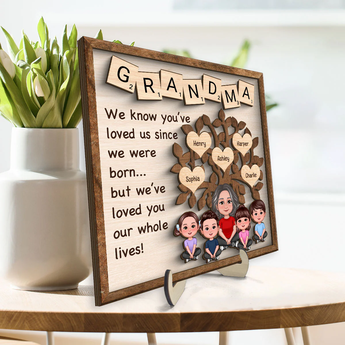 Family Tree Grandma We Know You‘ve Loved Us Since We Were Born Personalized 2-Layer Wooden Plaque - Image 3