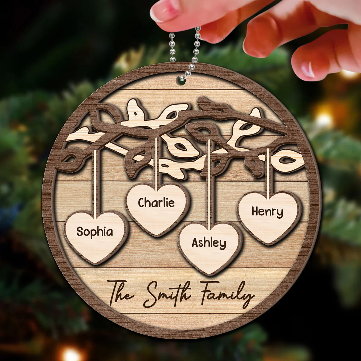 Family Tree Hanging Hearts Personalized 2-Layer Wooden Ornament, Christmas Gift For Family - Image 4