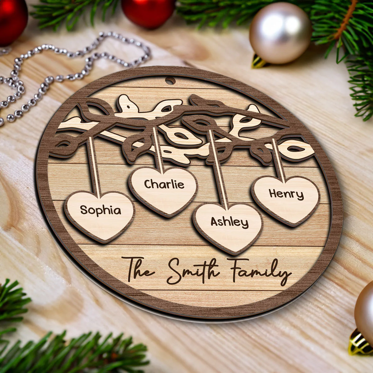 Family Tree Hanging Hearts Personalized 2-Layer Wooden Ornament, Christmas Gift For Family - Image 5