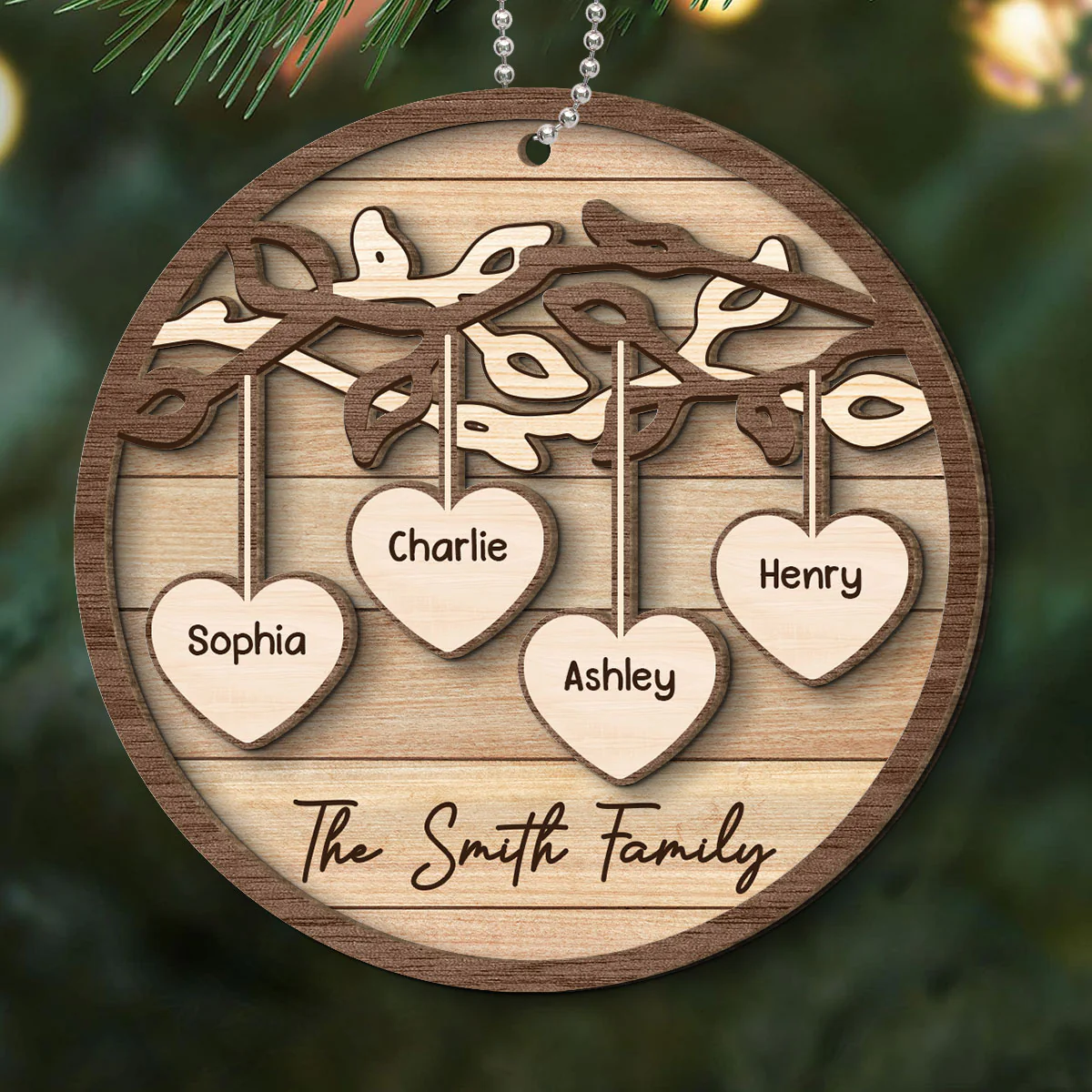 Family Tree Hanging Hearts Personalized 2-Layer Wooden Ornament, Christmas Gift For Family - Image 6