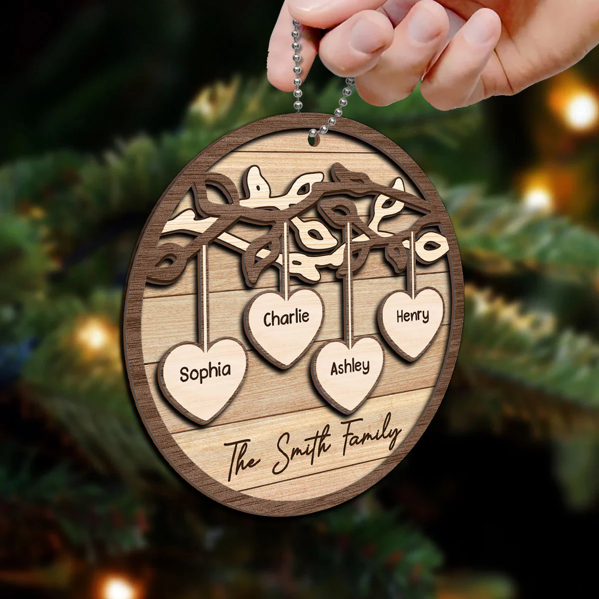 Family Tree Hanging Hearts Personalized 2-Layer Wooden Ornament, Christmas Gift For Family - Image 7