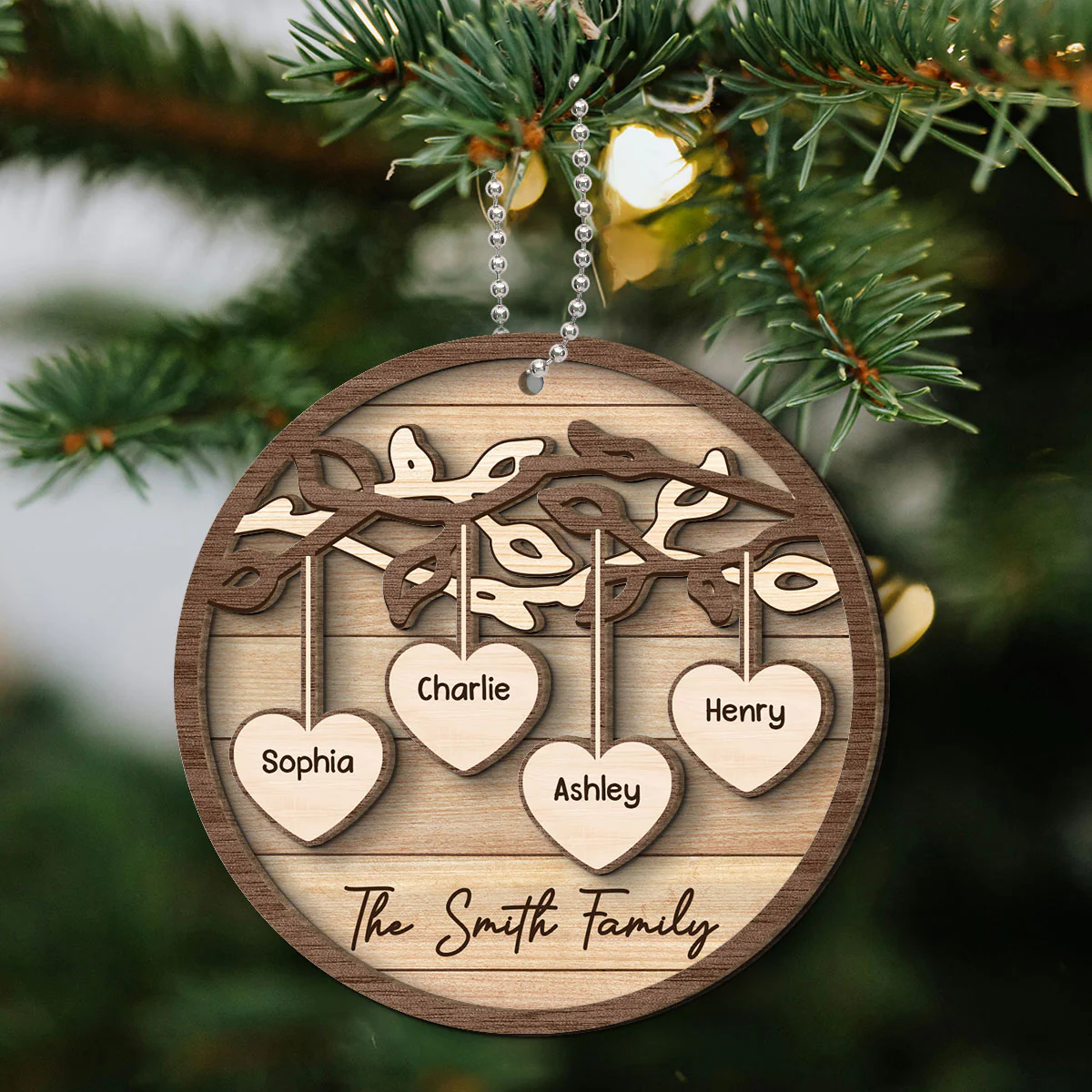 Family Tree Hanging Hearts Personalized 2-Layer Wooden Ornament, Christmas Gift For Family - Image 8