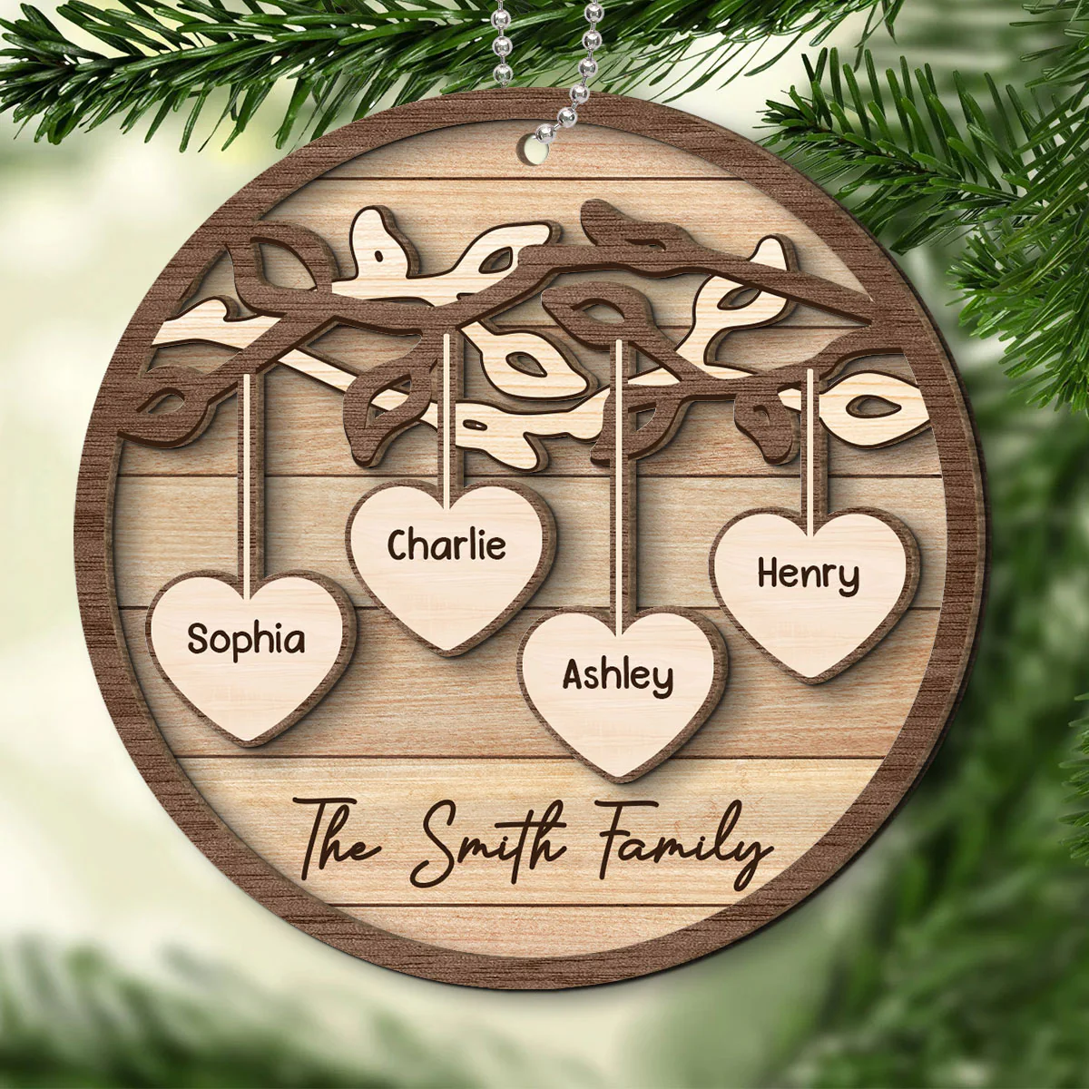 Family Tree Hanging Hearts Personalized 2-Layer Wooden Ornament, Christmas Gift For Family - Image 9