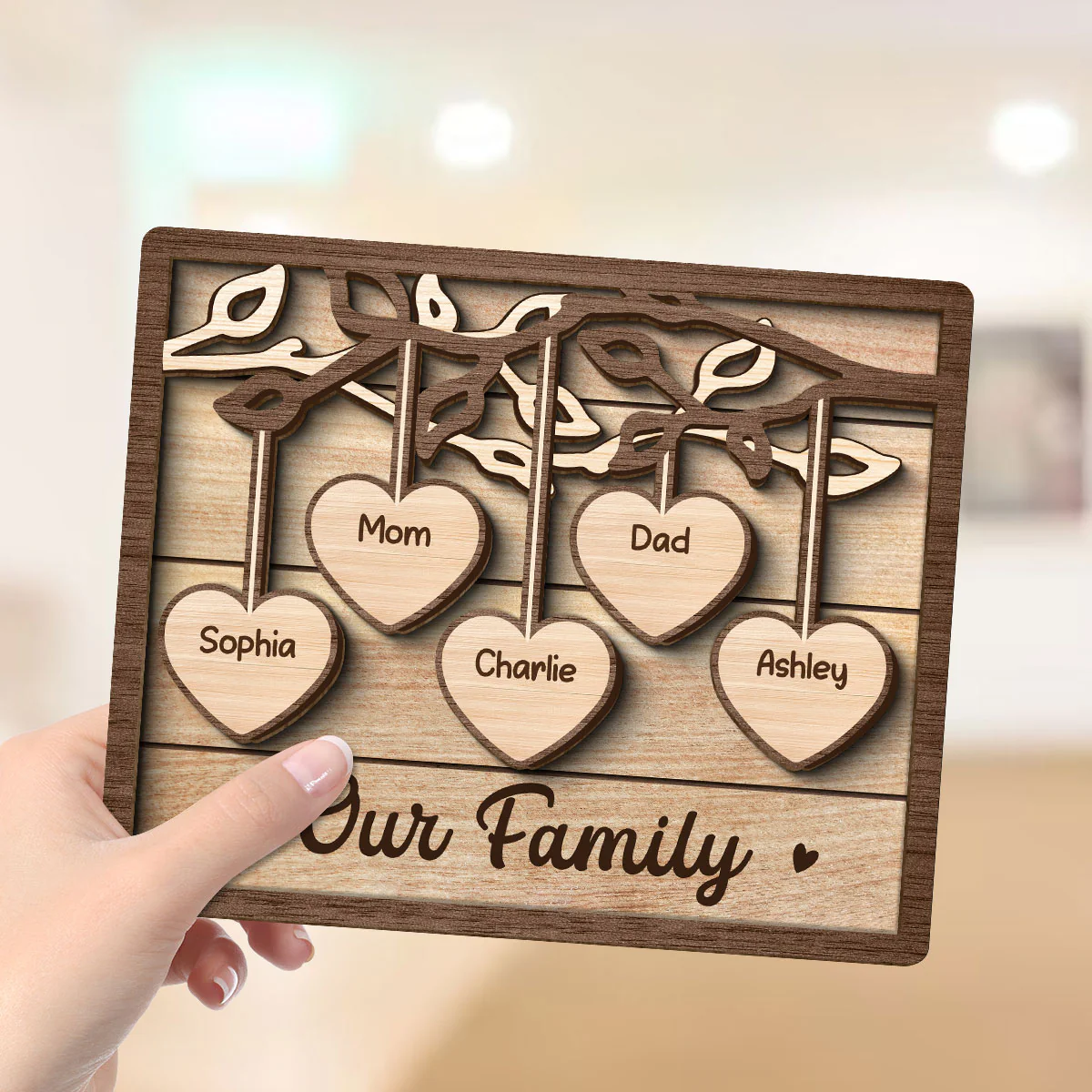 Family Tree Sign Grandkids Names Hanging Hearts Home Decor Personalized 2-Layer Wooden Plaque - Image 4
