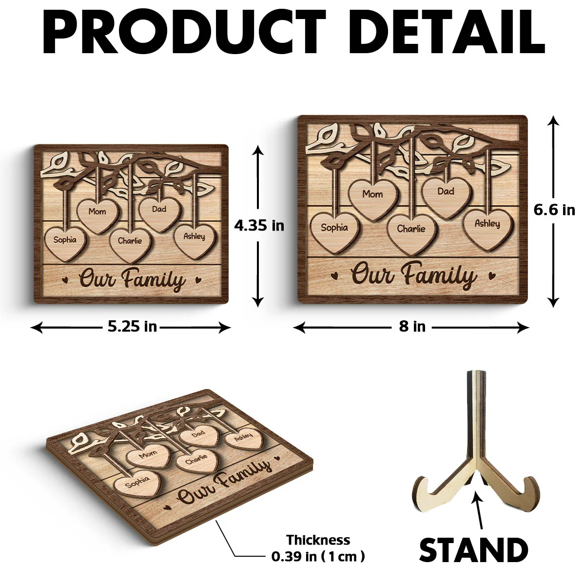 Family Tree Sign Grandkids Names Hanging Hearts Home Decor Personalized 2-Layer Wooden Plaque - Image 6