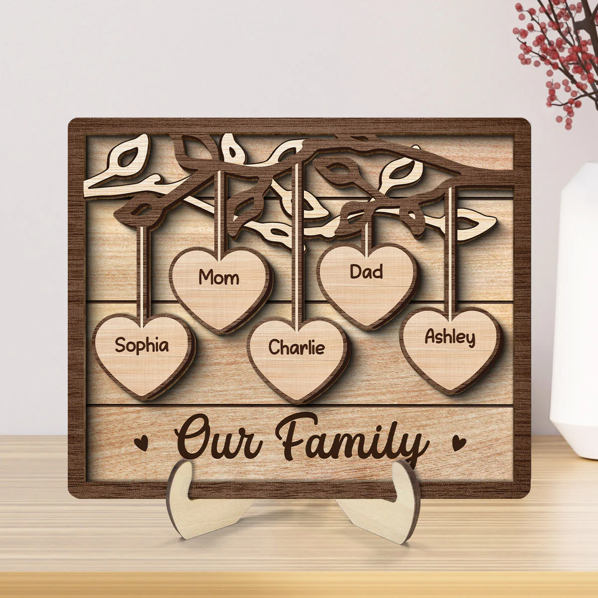 Family Tree Sign Grandkids Names Hanging Hearts Home Decor Personalized 2-Layer Wooden Plaque - Image 7