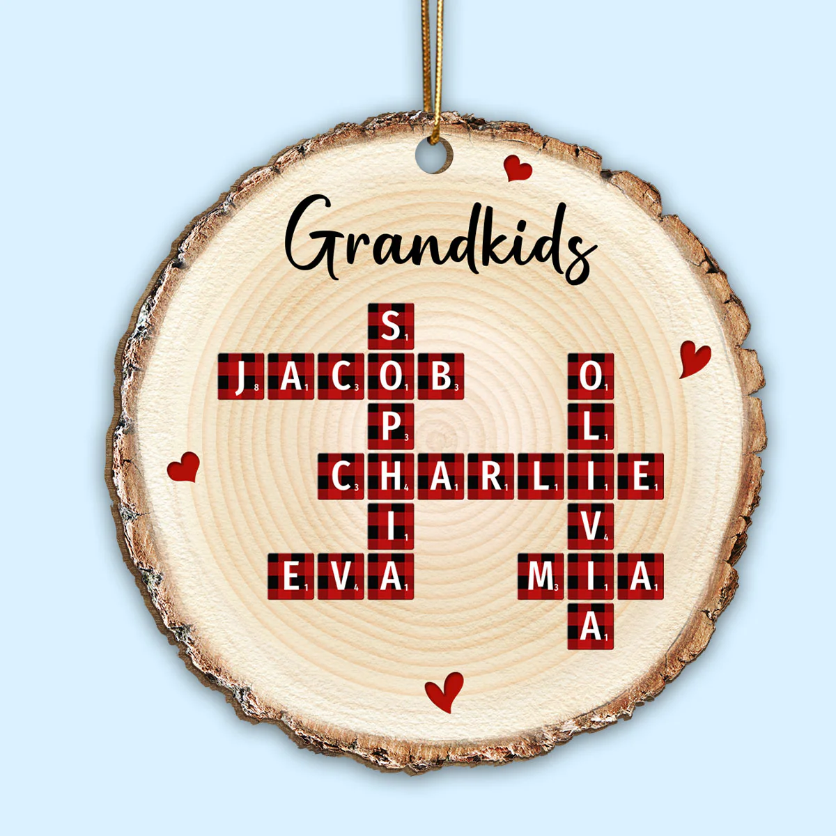 Family Unique Crossword Art Puzzle Checkered Pattern Personalized Wooden Ornament - Image 2