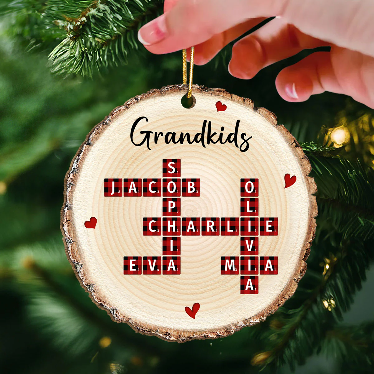Family Unique Crossword Art Puzzle Checkered Pattern Personalized Wooden Ornament - Image 5