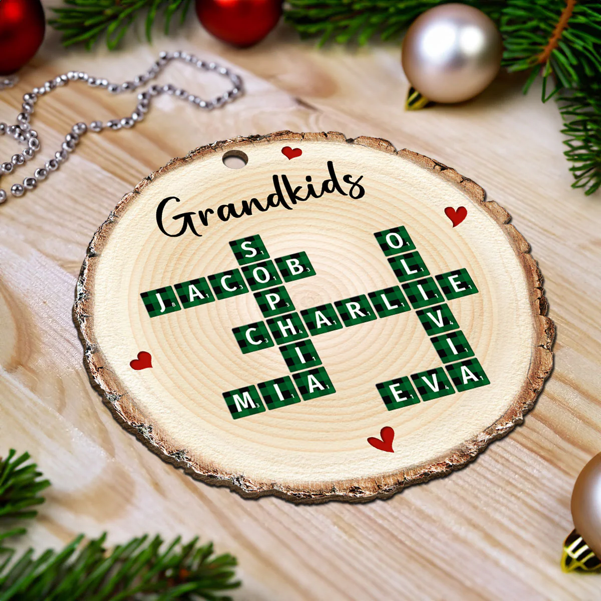 Family Unique Crossword Art Puzzle Checkered Pattern Personalized Wooden Ornament - Image 6