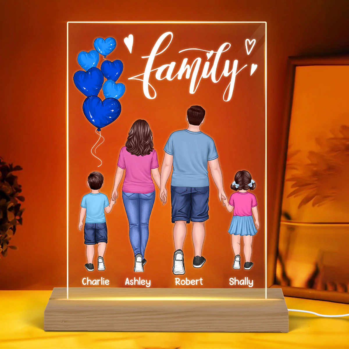 Family Walking Back View Balloons Personalized Rectangle Acrylic Plaque LED Lamp Night Light - Image 3