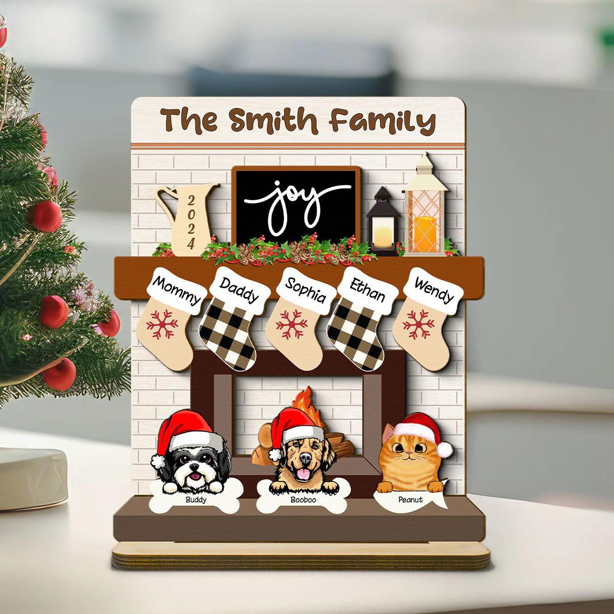 Family With Dog Cat Stockings Fireplace Personalized 2-Layer Standing Wooden Plaque, Christmas Mantle Table Topper