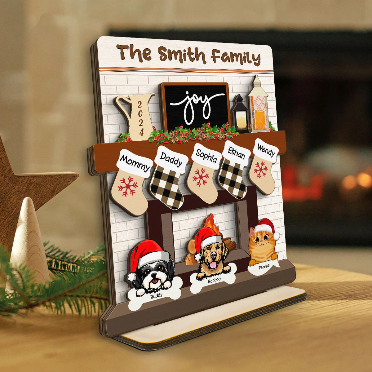 Family With Dog Cat Stockings Fireplace Personalized 2-Layer Standing Wooden Plaque, Christmas Mantle Table Topper - Image 3