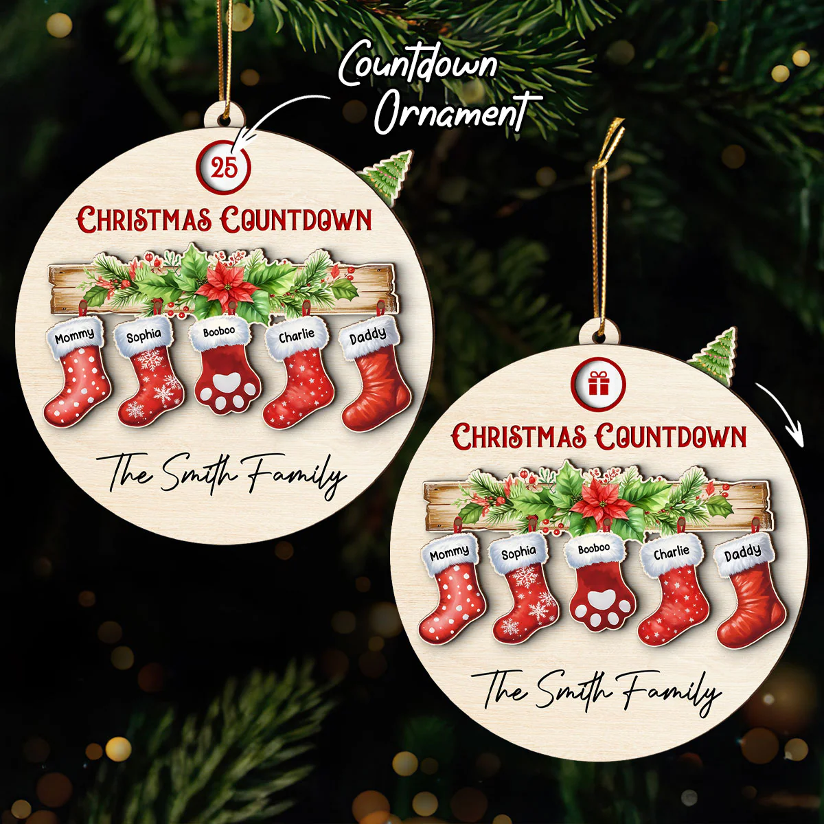 Family With Pet Christmas Socks Countdown Ornament, Personalized Family Countdown Ornament - Image 2