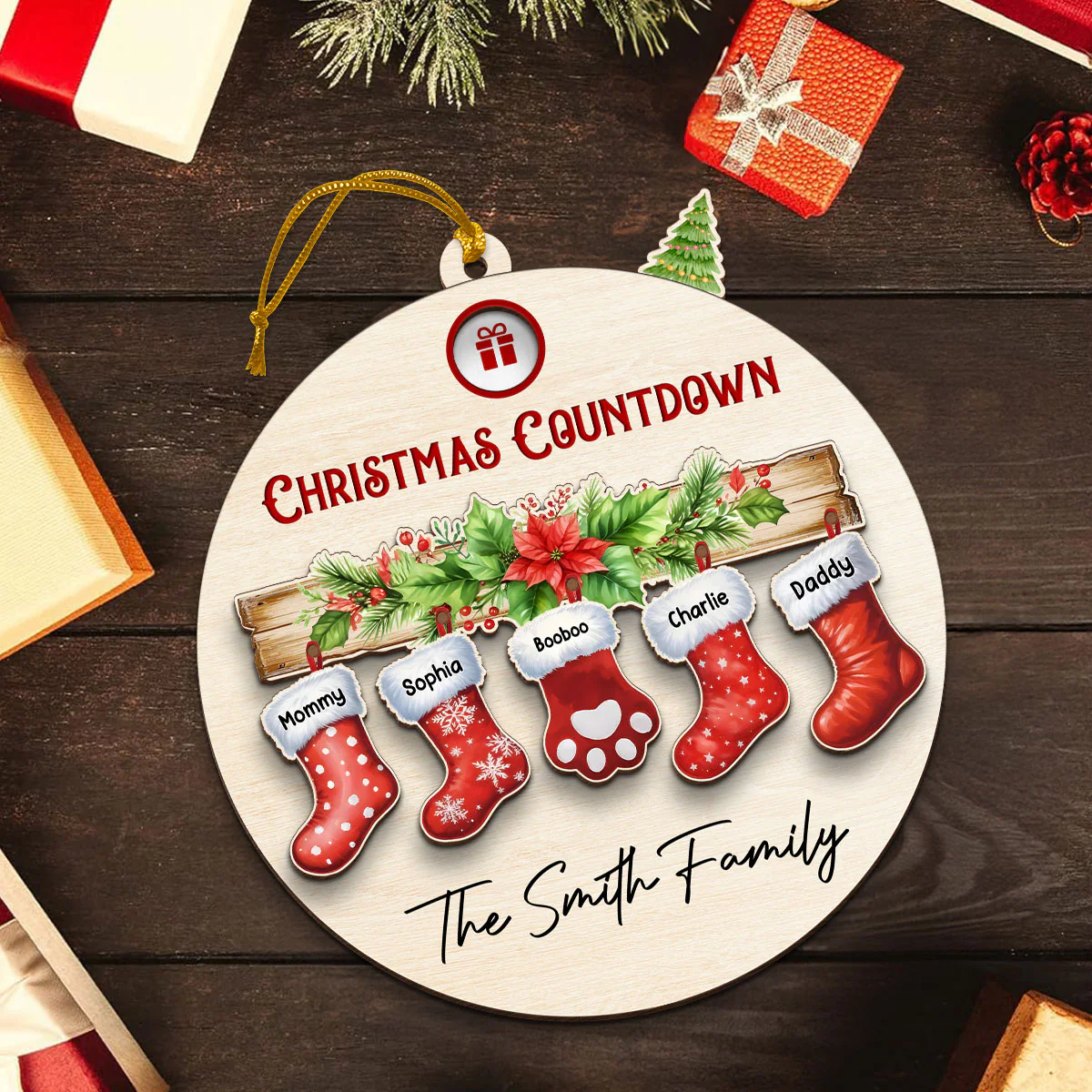 Family With Pet Christmas Socks Countdown Ornament, Personalized Family Countdown Ornament - Image 3