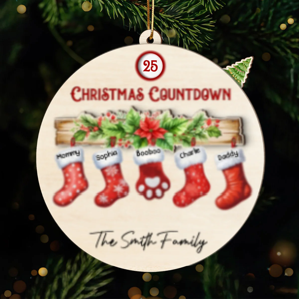 Family With Pet Christmas Socks Countdown Ornament, Personalized Family Countdown Ornament - Image 9