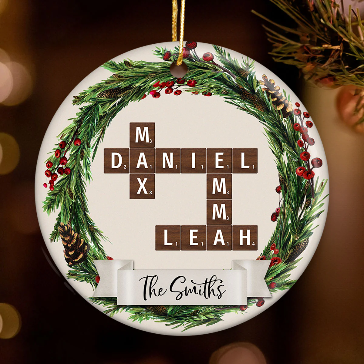 Family Wreath Crossword Puzzle Personalized Ceramic Ornament, Christmas Tree Decor, Christmas Gift for Husband, Wife, Children