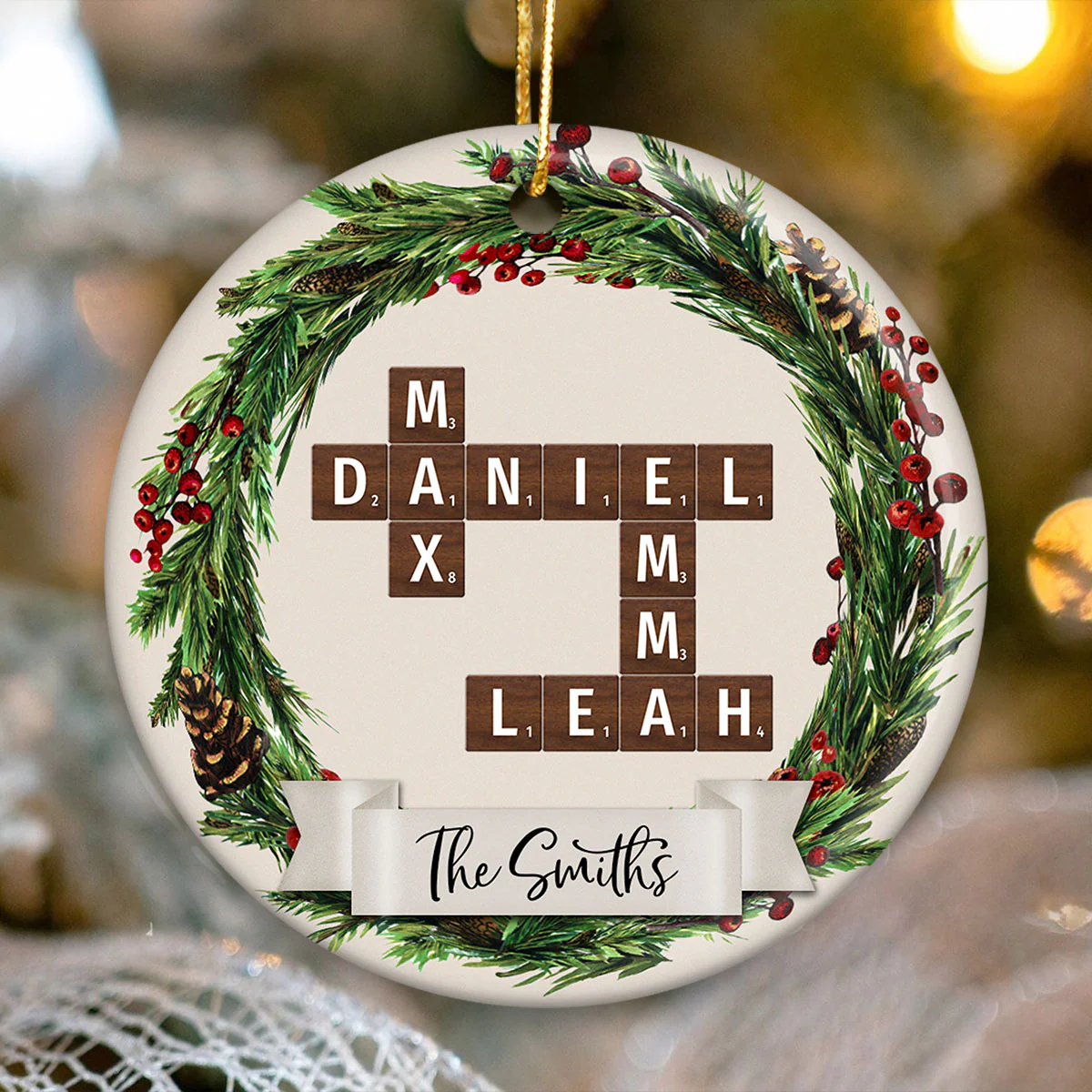 Family Wreath Crossword Puzzle Personalized Ceramic Ornament, Christmas Tree Decor, Christmas Gift for Husband, Wife, Children - Image 2
