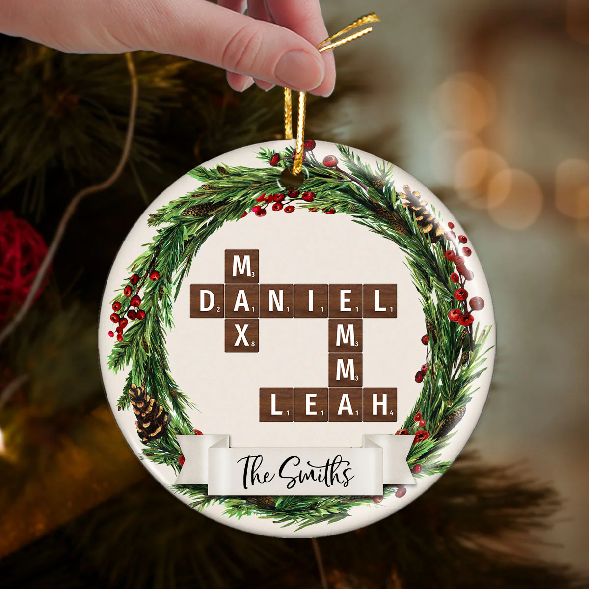 Family Wreath Crossword Puzzle Personalized Ceramic Ornament, Christmas Tree Decor, Christmas Gift for Husband, Wife, Children - Image 3