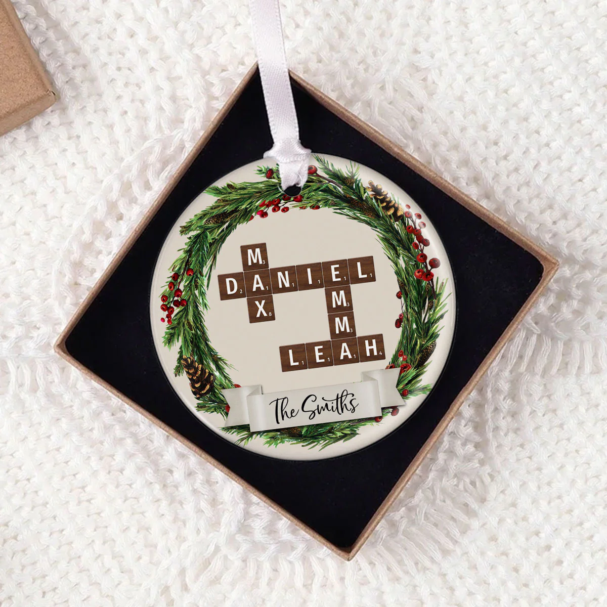 Family Wreath Crossword Puzzle Personalized Ceramic Ornament, Christmas Tree Decor, Christmas Gift for Husband, Wife, Children - Image 4