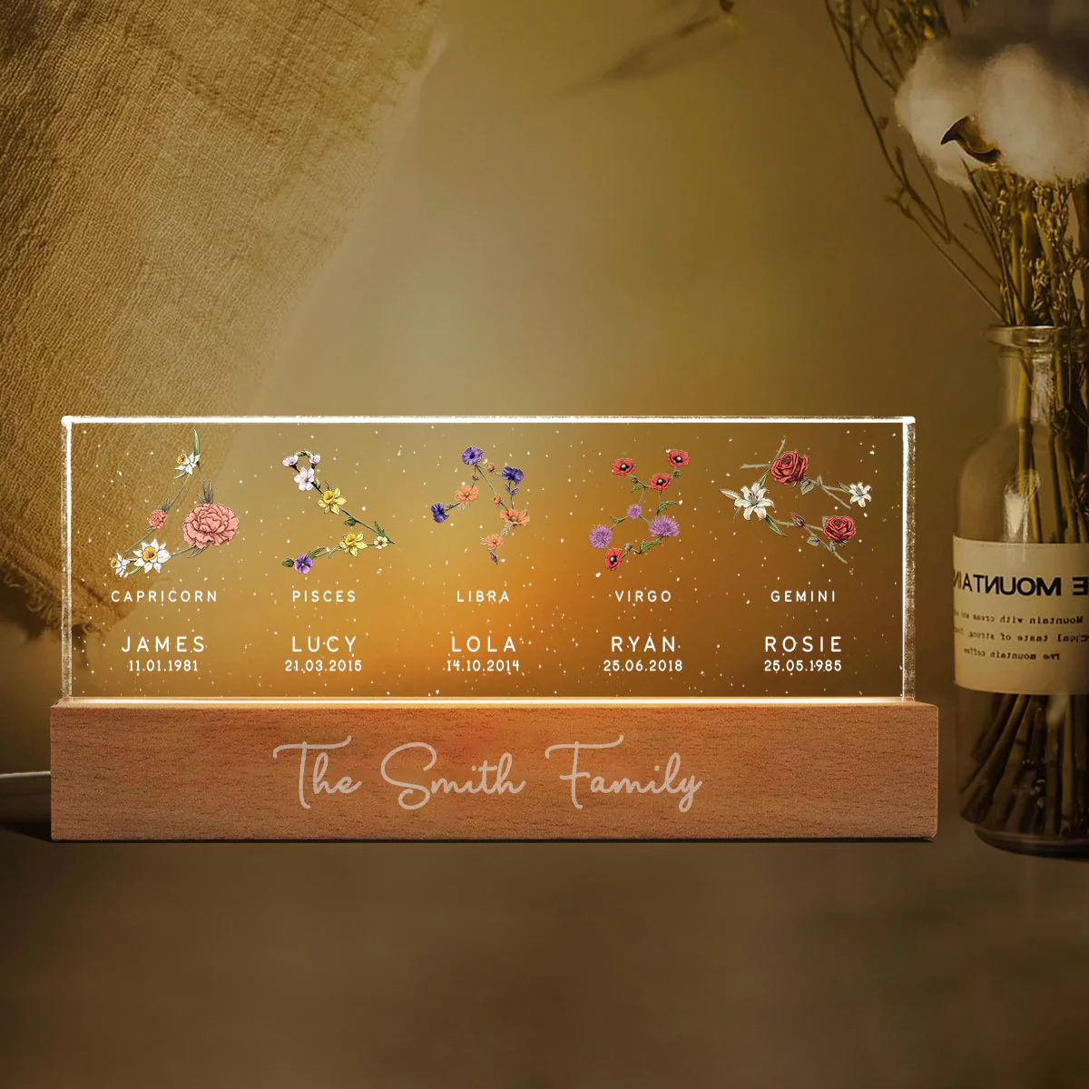 Family Zodiac Sign Birth Month Flowers Personalized Acrylic LED Night Light - Image 6