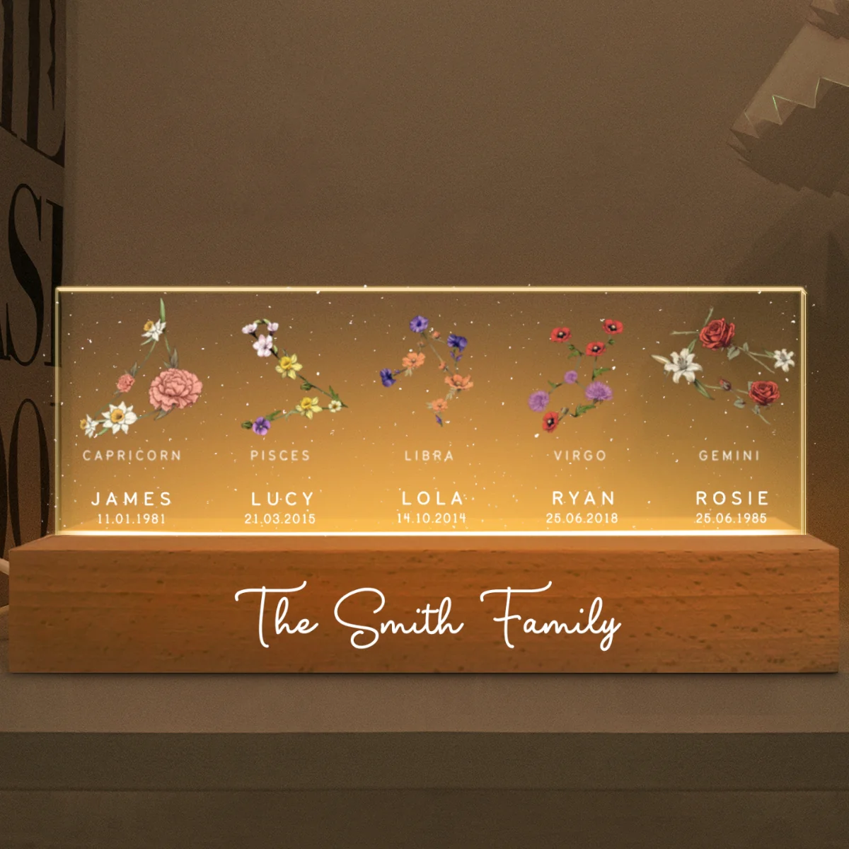 Family Zodiac Sign Birth Month Flowers Personalized Acrylic LED Night Light - Image 8