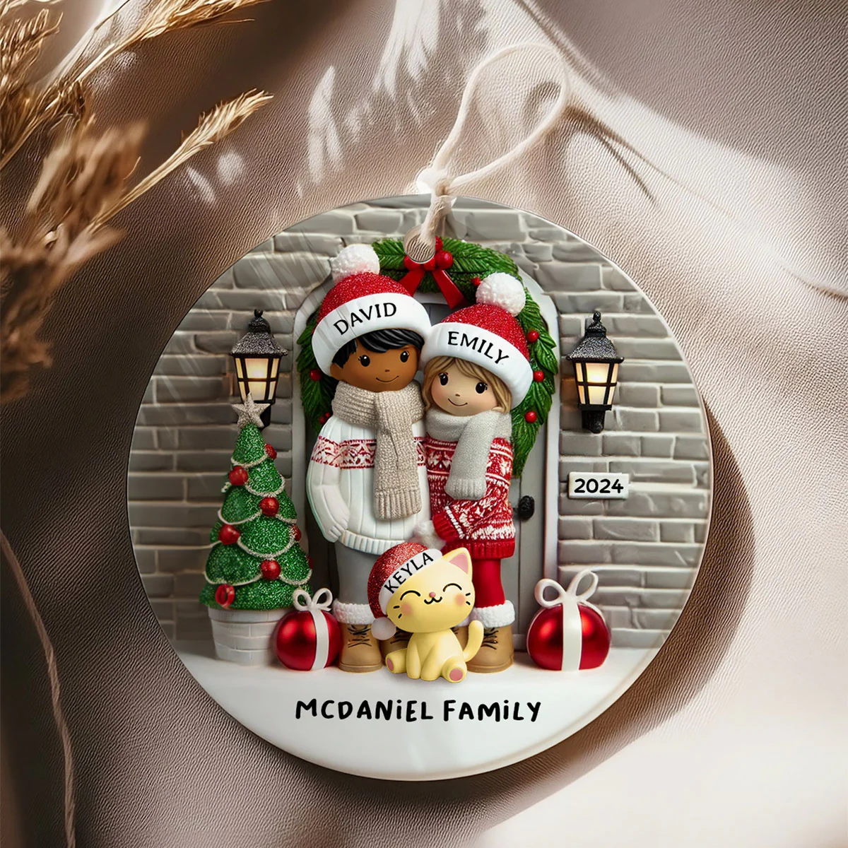 Farmhouse Couple Personalized Christmas Ceramic Ornament with Optional Pet Dog Cat, Christmas Gift for Him, Gift for Her - Image 2