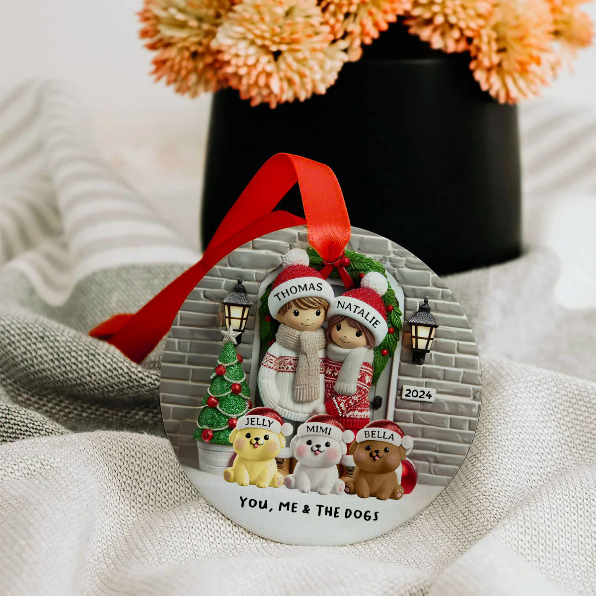 Farmhouse Couple Personalized Christmas Ceramic Ornament with Optional Pet Dog Cat, Christmas Gift for Him, Gift for Her - Image 4