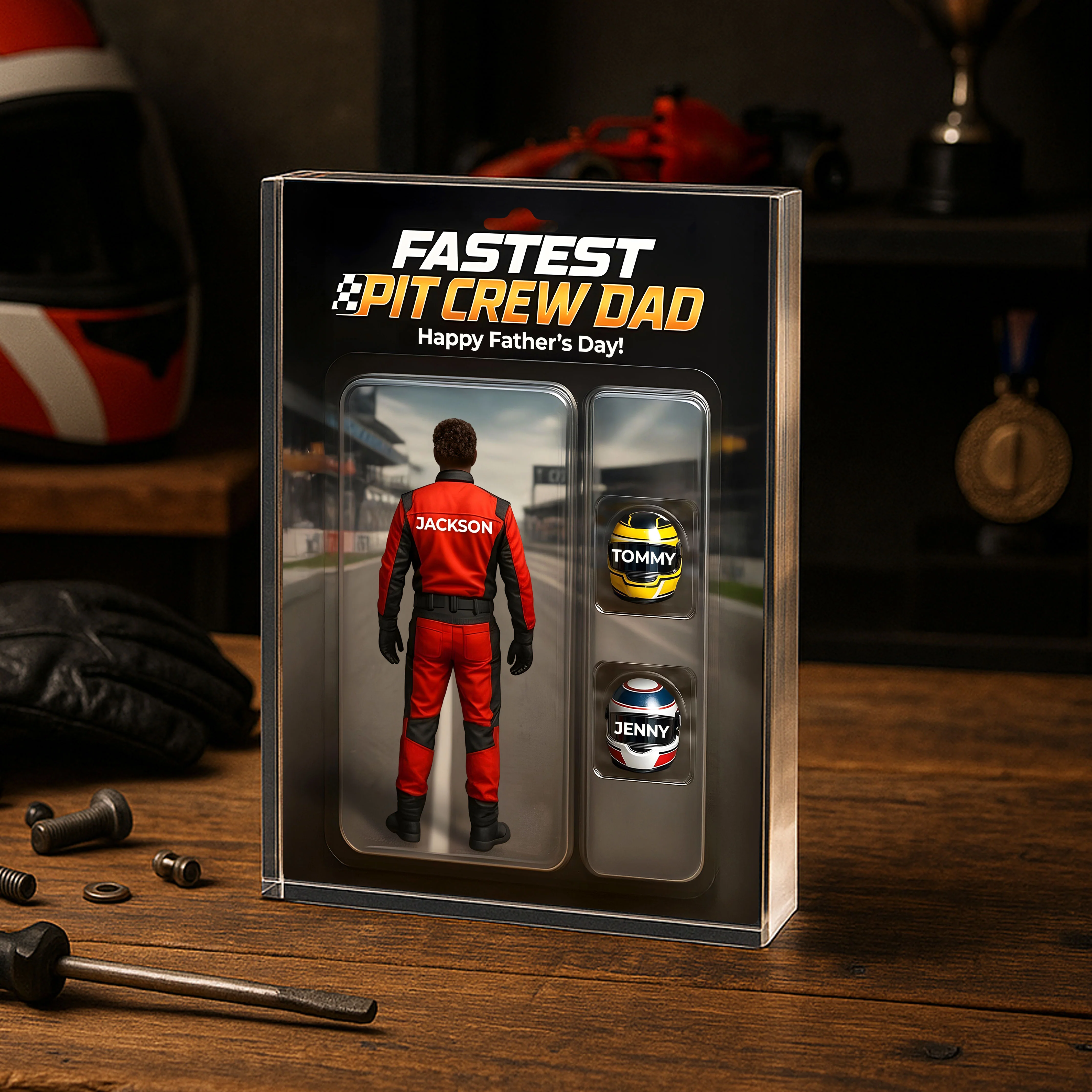 Fastest Pit Crew Dad With Kids' Names Custom Figure Personalized Acrylic Block Plaque, Unique Gift For Him, For Motorsport Lover, Racing Dad - Image 3