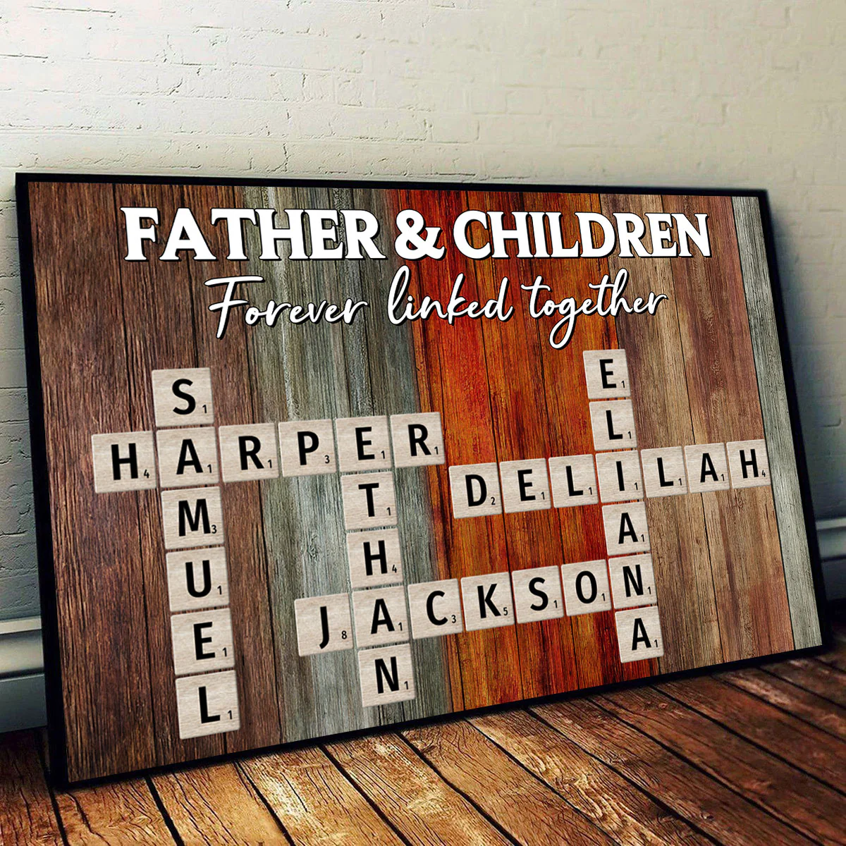 Father & Daughters Sons Forever Linked Together Crossword Puzzle Art Rustic Personalized Poster, Heartfelt Gift For Dad - Image 2