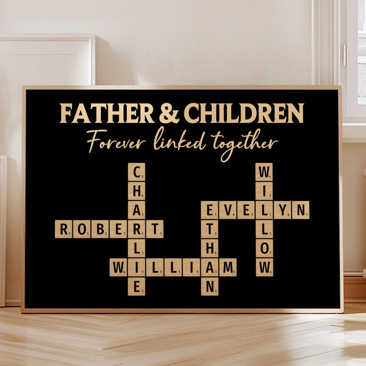 Father & Daughters Sons Forever Linked Together Crossword Puzzle Art Rustic Personalized Poster, Heartfelt Gift For Dad - Image 3