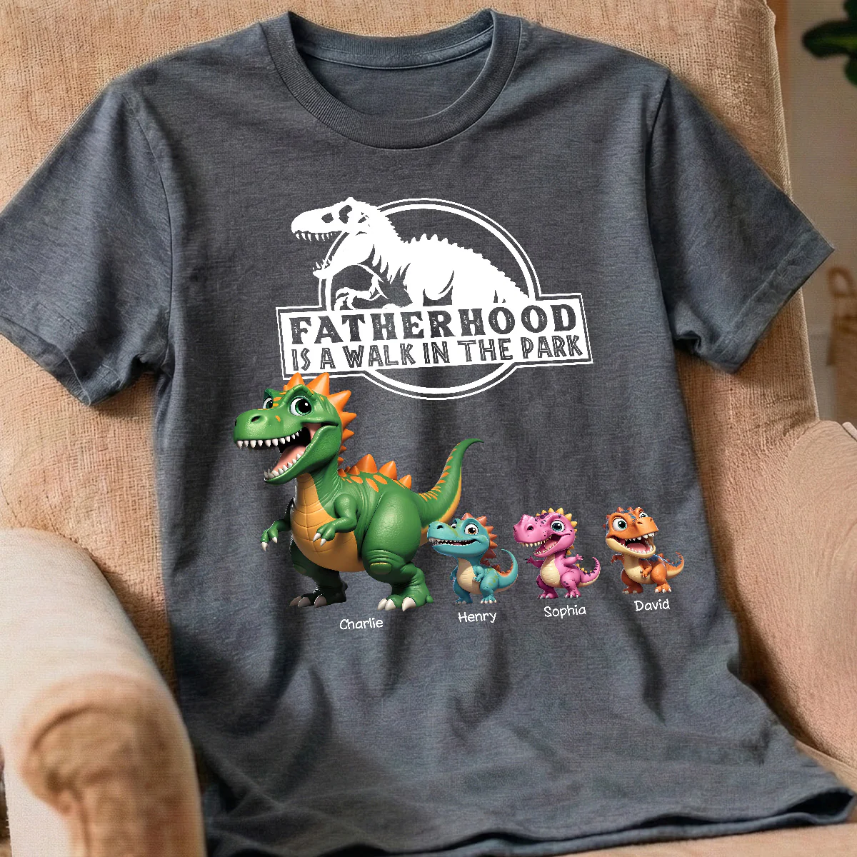 Fatherhood Is A Walk In The Park Cartoon Dinosaurs - Personalized Shirt - Father's Day Gift For Husband, Dad - Image 3