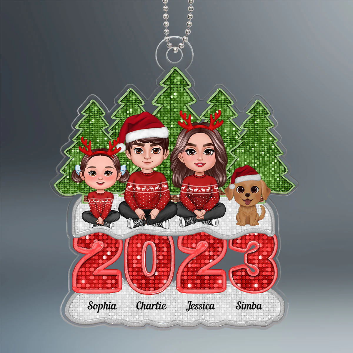 Faux Sequins Family Sitting On 2023 Christmas Tree Line Personalized Acrylic Ornament - Image 2