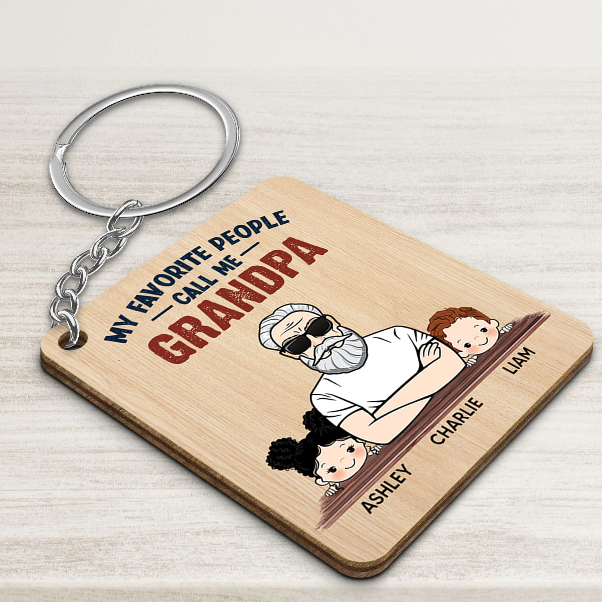 Favorite People Call Me Grandpa Dad Man And Kids Personalized Wooden Keychain - Image 3