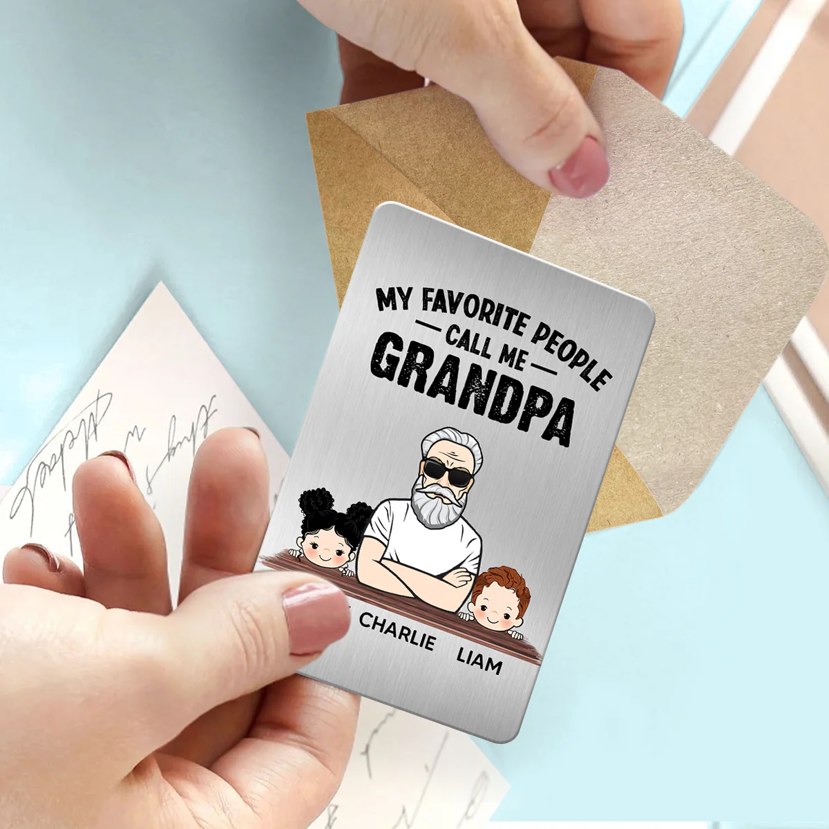 Favorite People Call Me Grandpa Man And Kids Personalized Metal Wallet Card - Image 3