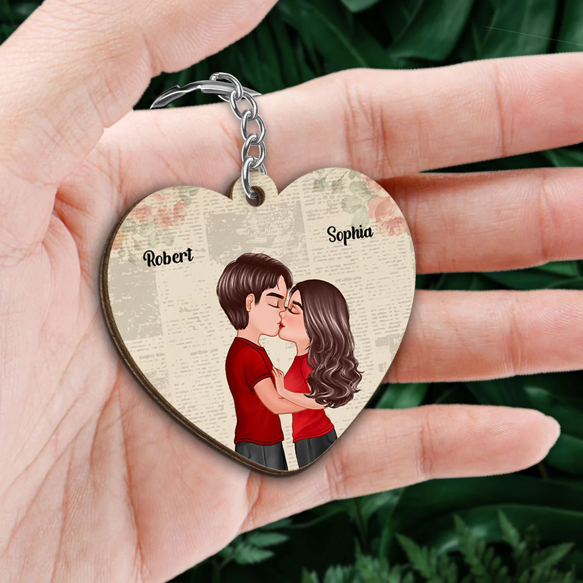 Favorite Place In All The World Couple Kissing Personalized Heart Shaped Wooden Keychain - Image 2